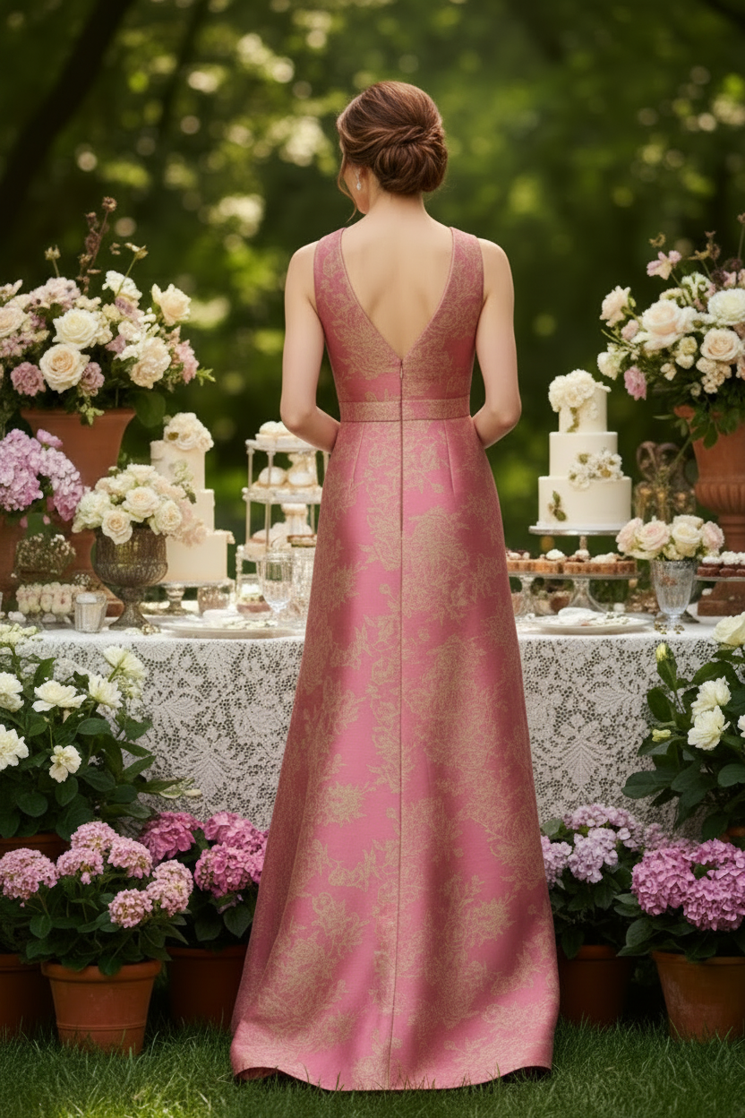 V-Neck Jacquard Evening Gown with Cascading Ruffle