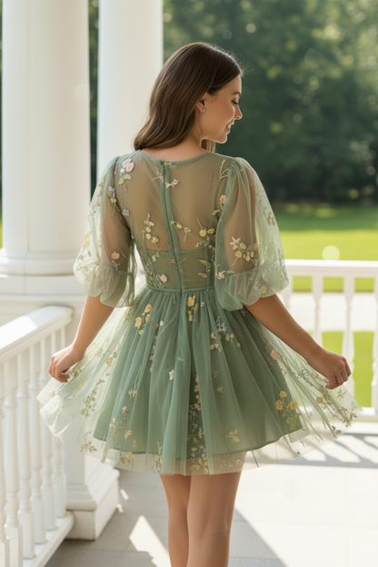 Floral Embroidered Tulle A-Line Mini Dress