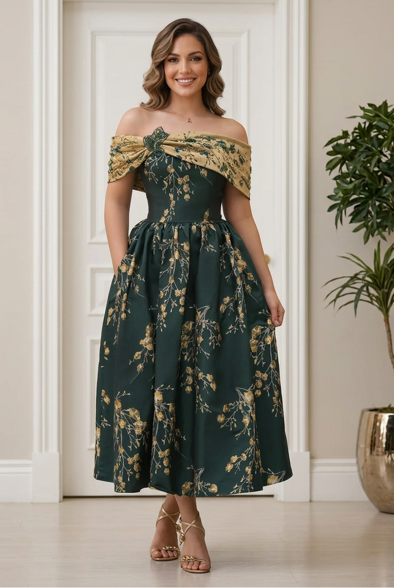 Floral Off-the-Shoulder A-Line Tea-Length Dress