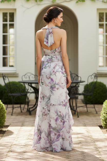 Floral Chiffon Halter Mermaid Gown with Cascading Ruffles