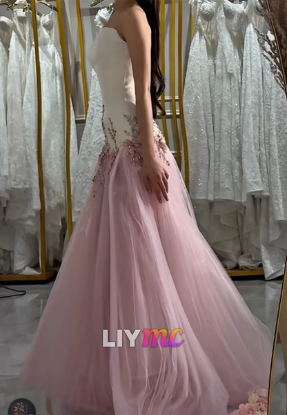 Strapless Two-Tone Tulle Ball Gown with Floral Appliques