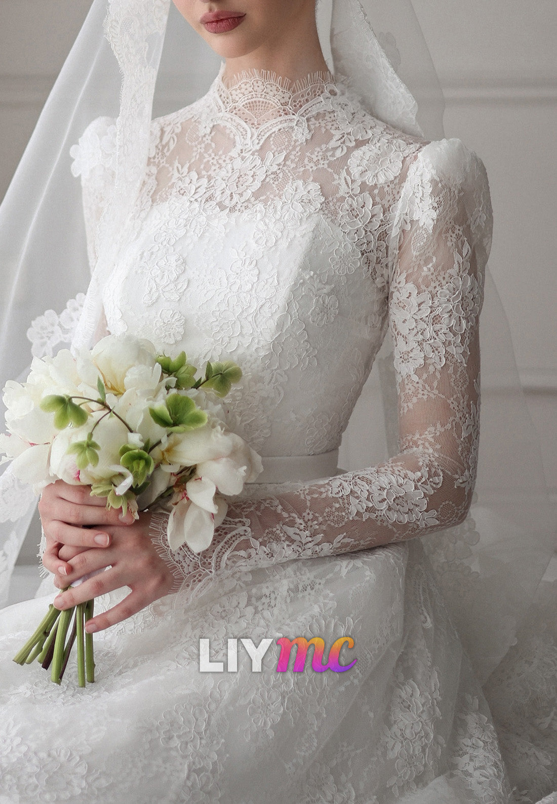 High Neck Lace A-Line Wedding Dress with Long Sleeves