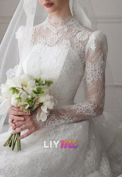 High Neck Lace A-Line Wedding Dress with Long Sleeves