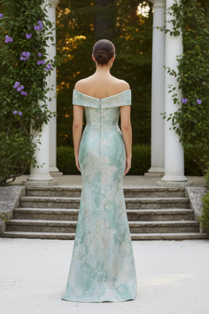 Floral Jacquard Off-the-Shoulder Mermaid Evening Gown