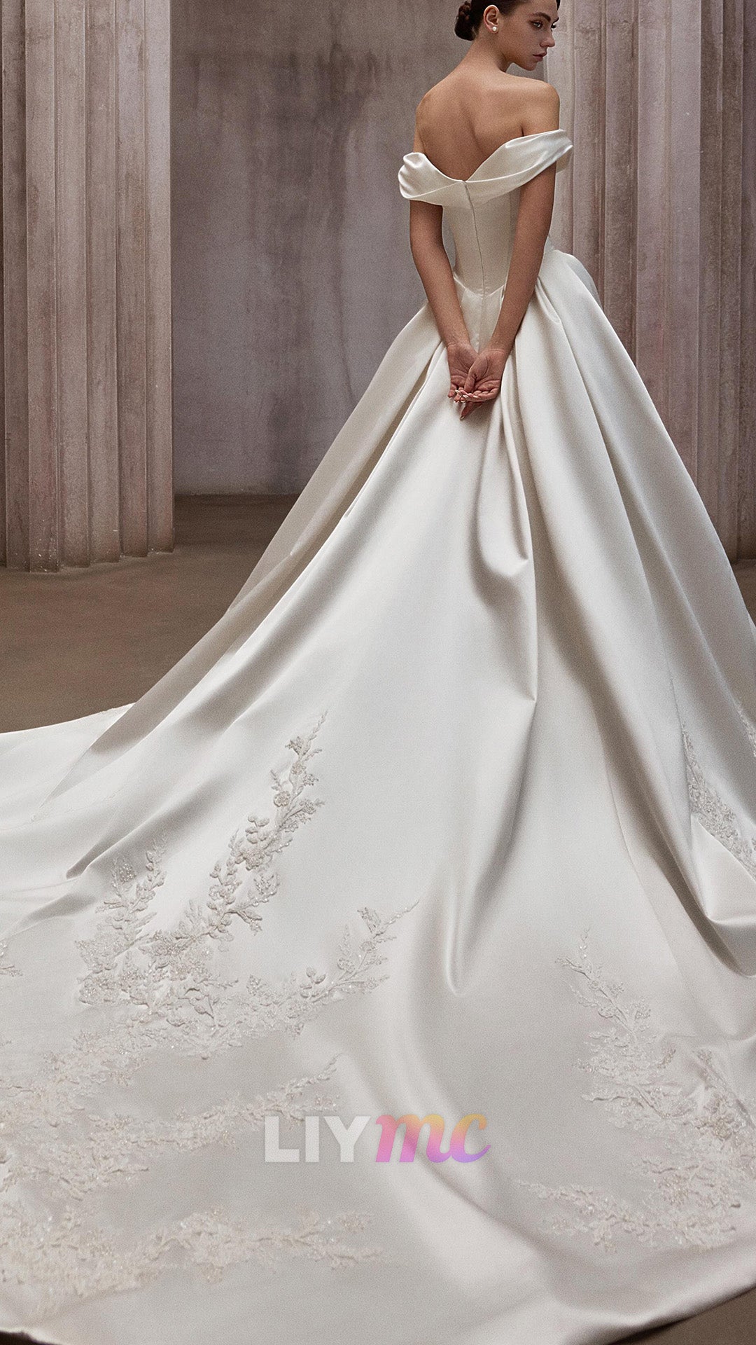 Off-the-Shoulder Pleated Satin Ball Gown