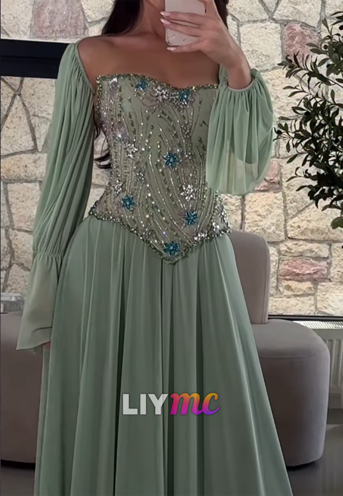 Off-The-Shoulder Beaded Corset A-Line Gown
