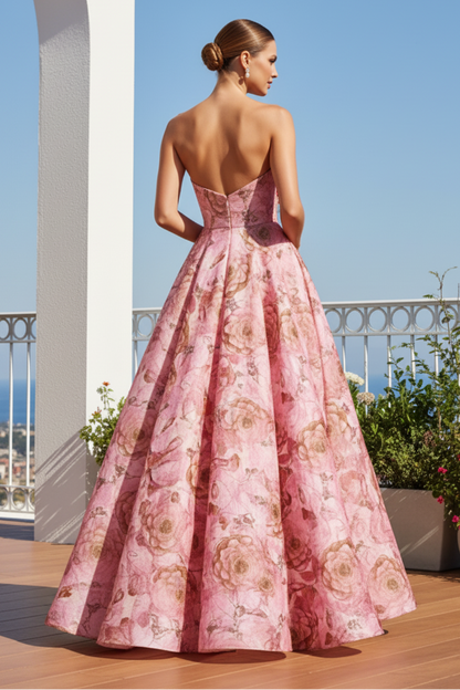 Strapless Floral A-Line Gown with 3D Flower