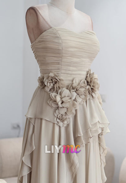 Chiffon Ruched Bodice Floral Waist Ruffled Gown