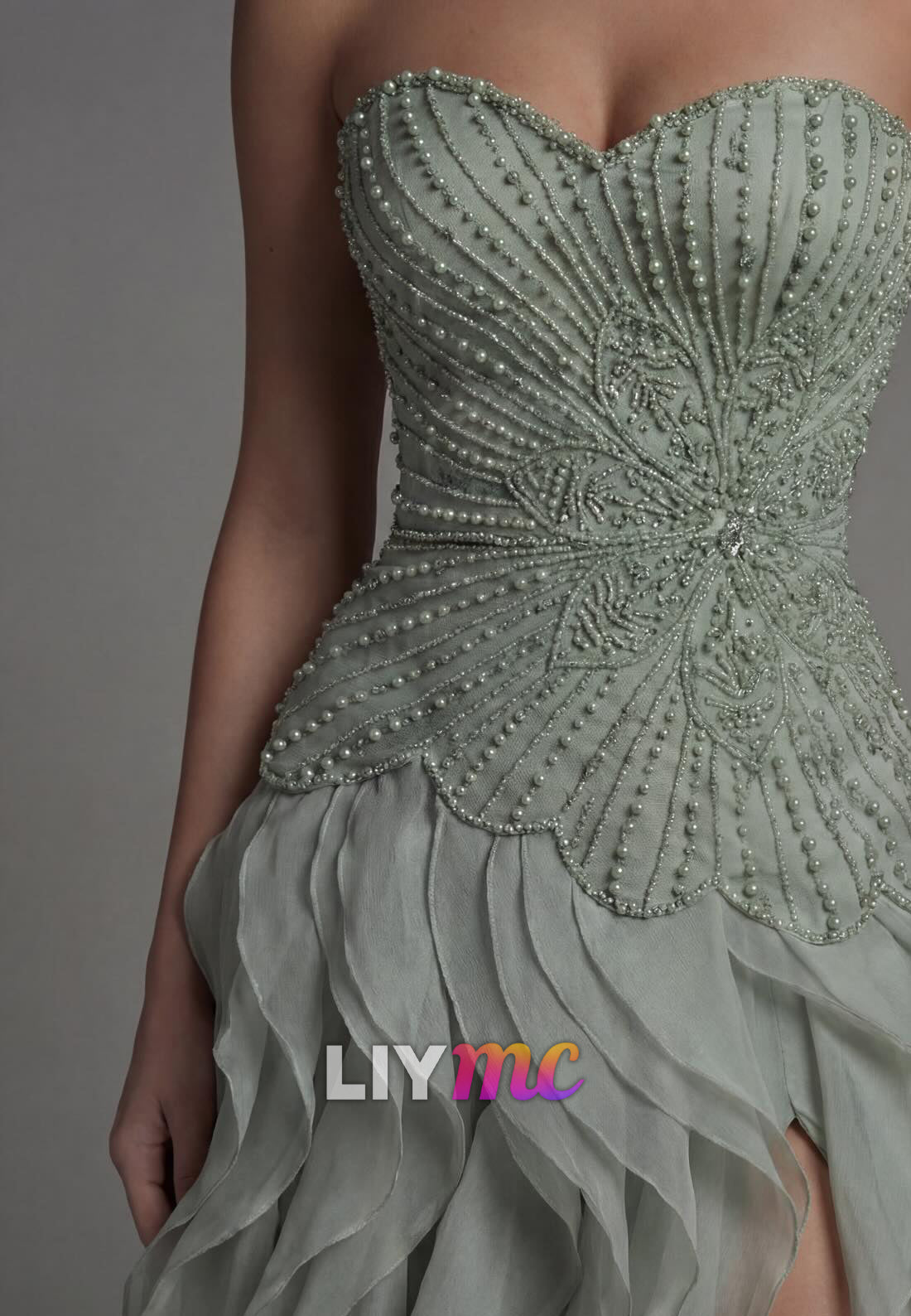 Strapless Beaded Ruffle Gown with High Slit