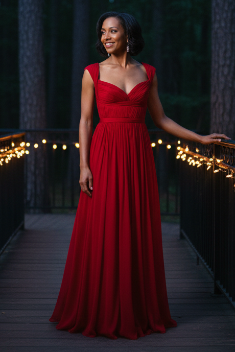 Pleated Sweetheart Chiffon Evening Gown with Cap Sleeves