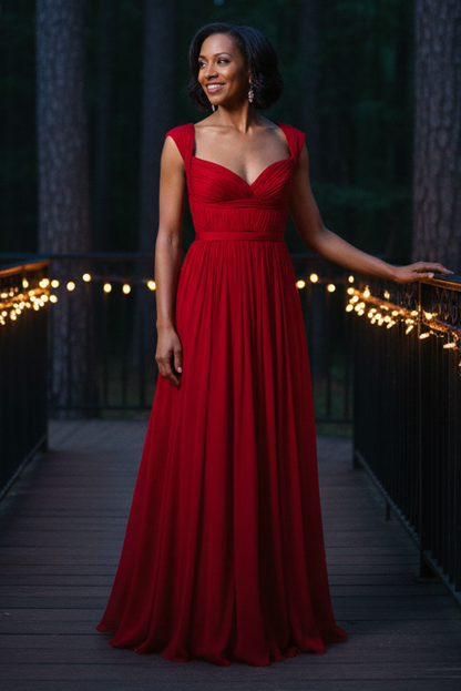 Pleated Sweetheart Chiffon Evening Gown with Cap Sleeves