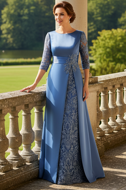 A-Line Satin Evening Gown with Lace Inset