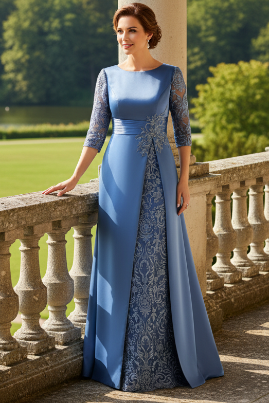 A-Line Satin Evening Gown with Lace Inset