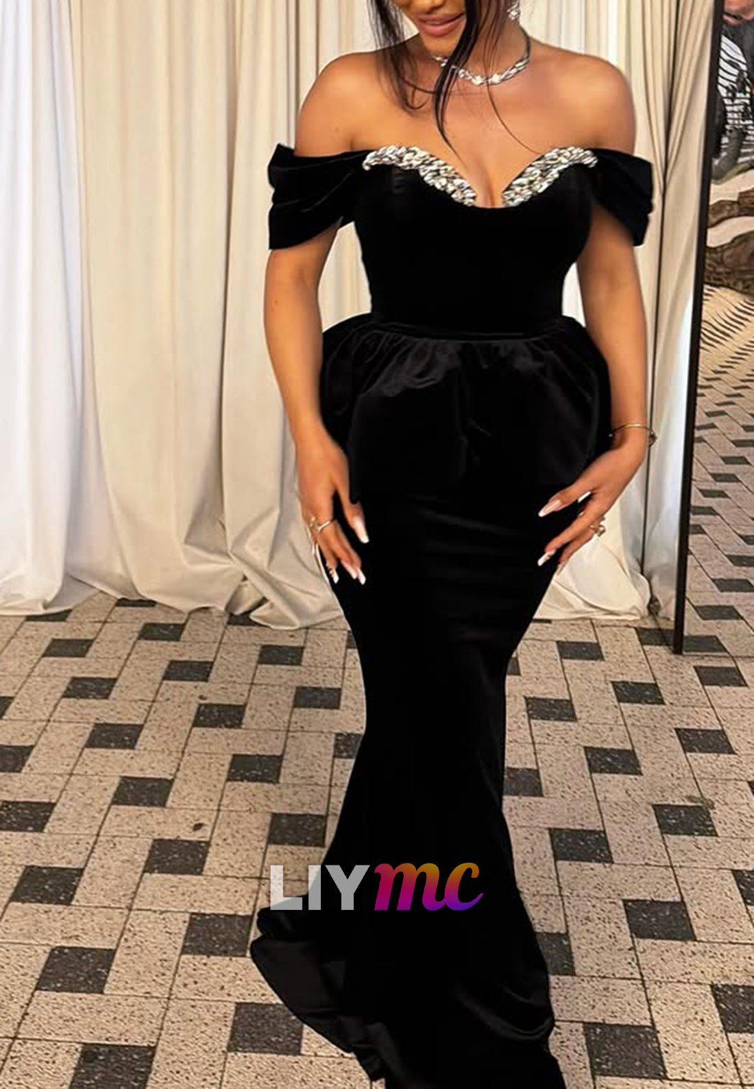 Velvet Off-the-Shoulder Peplum Gown with Crystals
