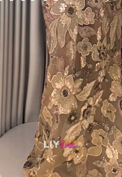 Strapless Floral Applique Mermaid Evening Gown