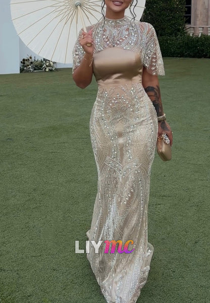 Beaded High Neck Evening Gown with Capelet