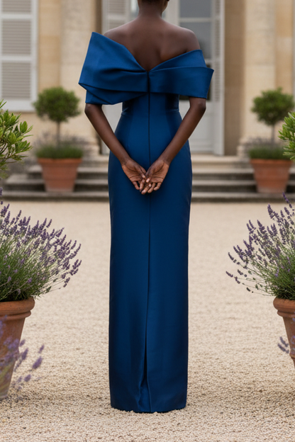 Foldover Off-the-Shoulder Column Evening Gown