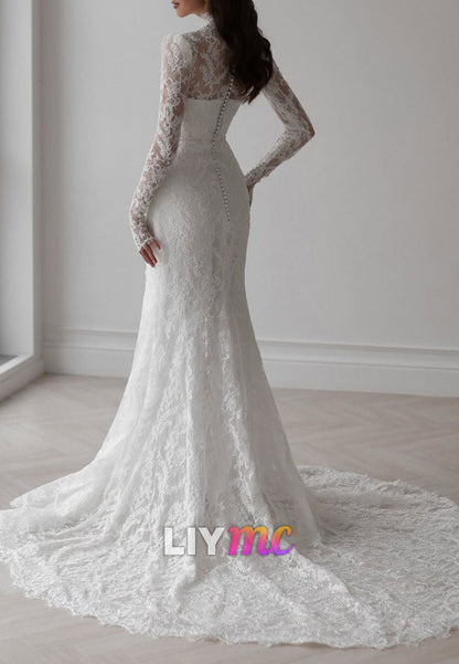 High-Neck Lace Mermaid Wedding Dress with Sleeves