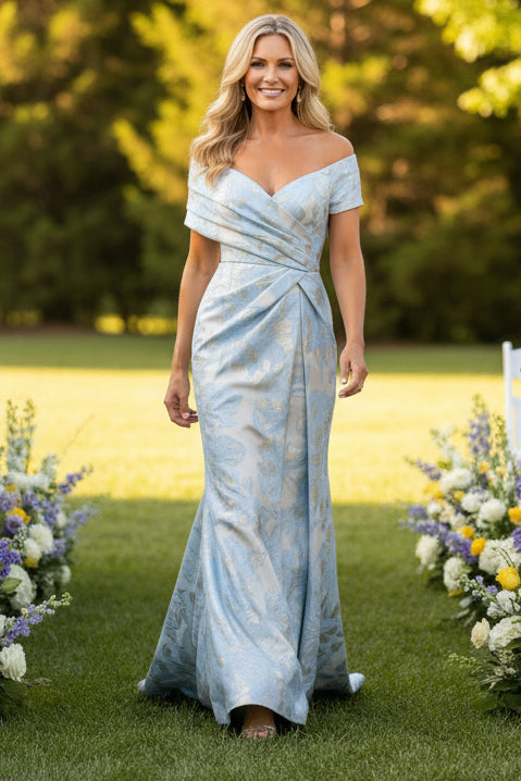 Off-The-Shoulder Pleated Floral Jacquard Gown