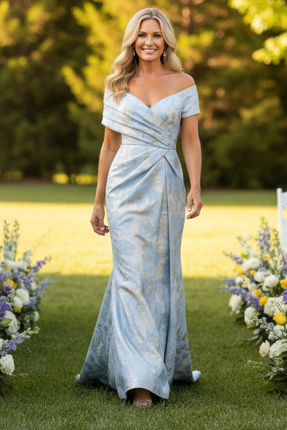 Off-The-Shoulder Pleated Floral Jacquard Gown