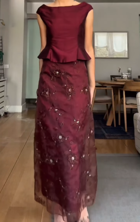Peplum Evening Gown with Embellished Floral Skirt
