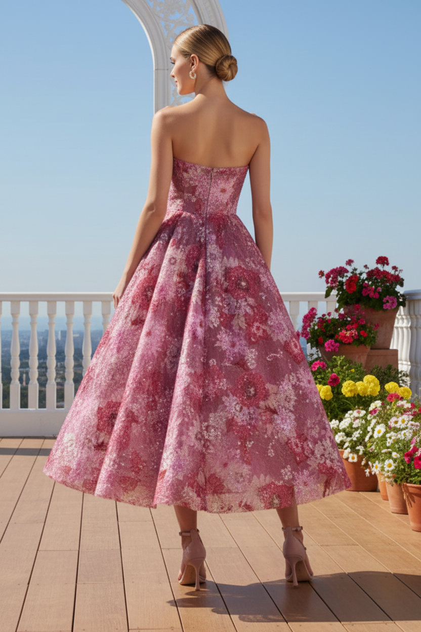 Strapless Floral Sequin A-Line Midi Dress