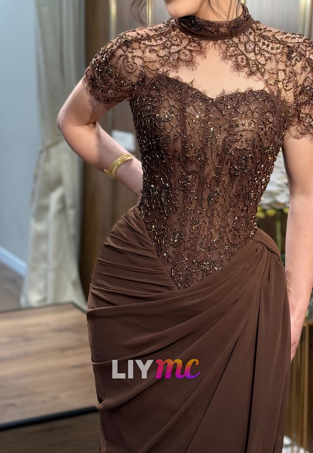 Illusion High Neck Beaded Lace Ruched Gown