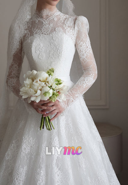 High Neck Lace A-Line Wedding Dress with Long Sleeves