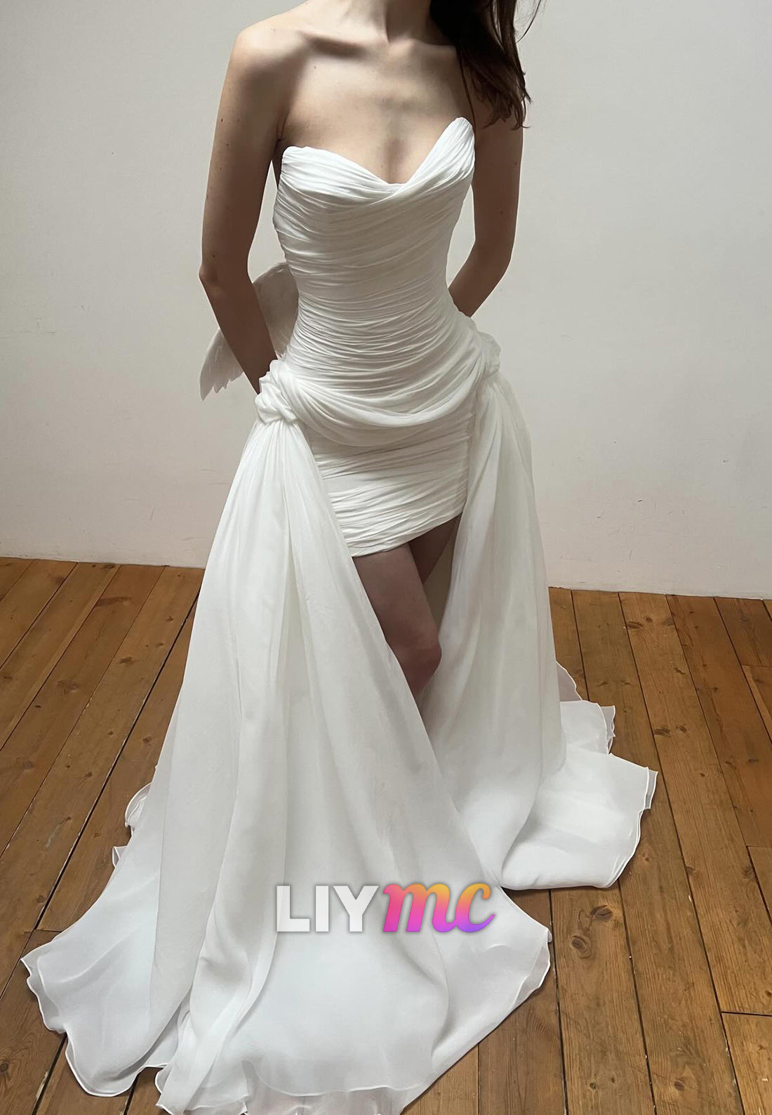 Strapless Ruched Mini Wedding Dress with Detachable Train