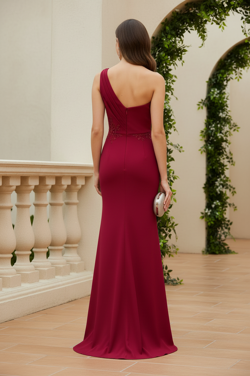 One-Shoulder Floral Applique Mermaid Gown