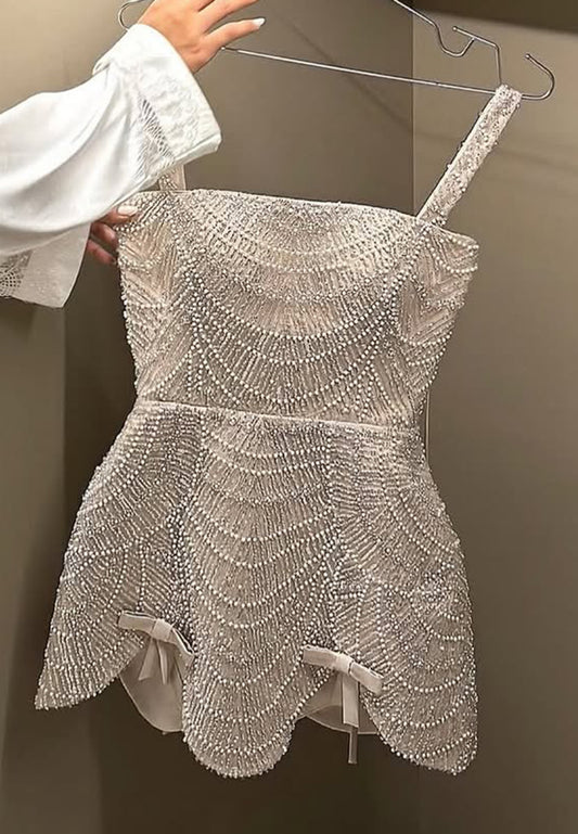 Beaded Mini Dress with Scalloped Hem & Bows