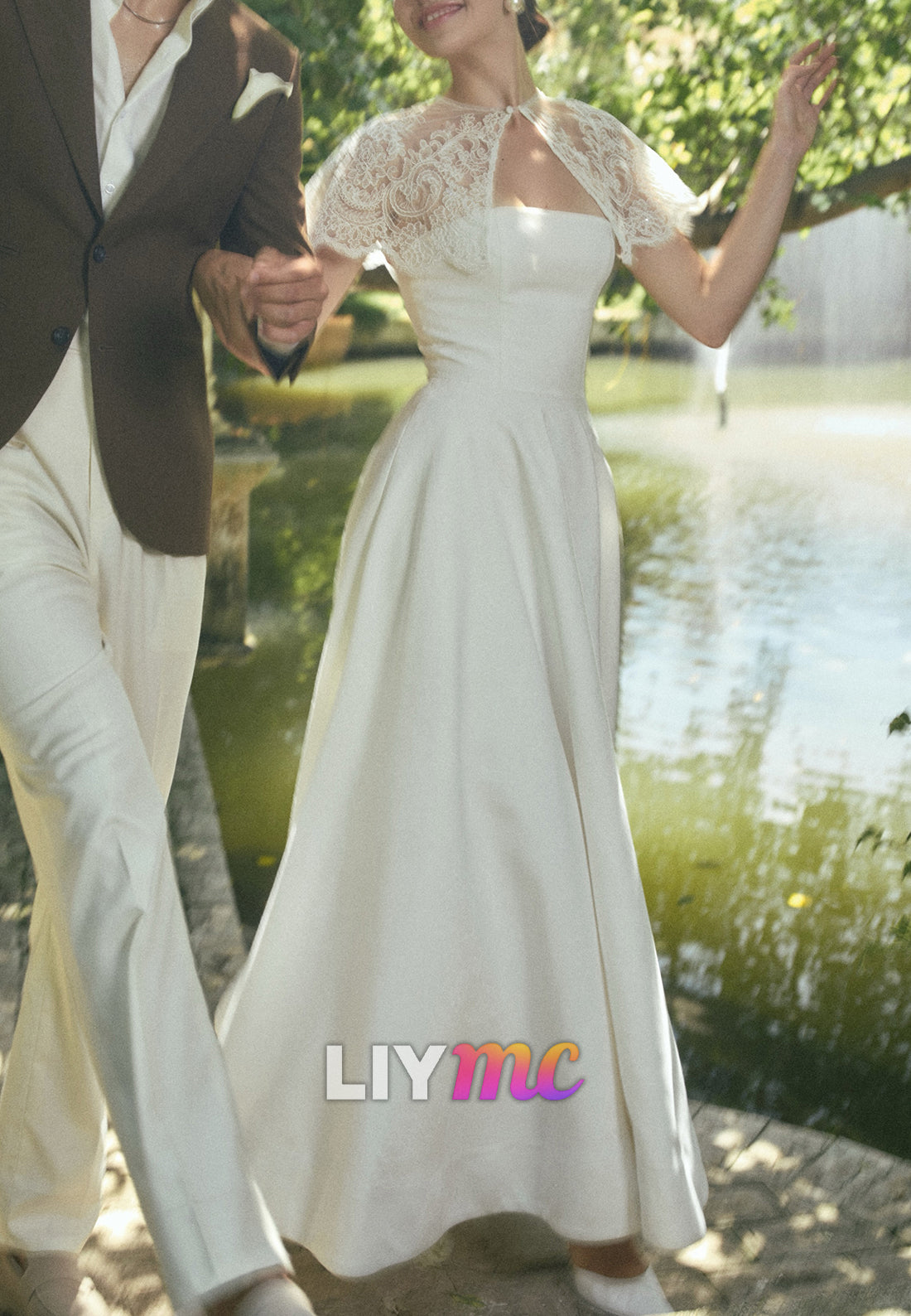 Strapless A-Line Wedding Dress with Lace Cape
