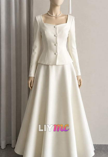 Square Neck Long Sleeve Peplum A-Line Wedding Dress