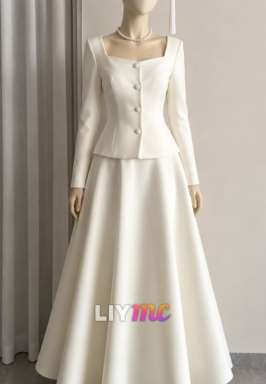 Square Neck Long Sleeve Peplum A-Line Wedding Dress