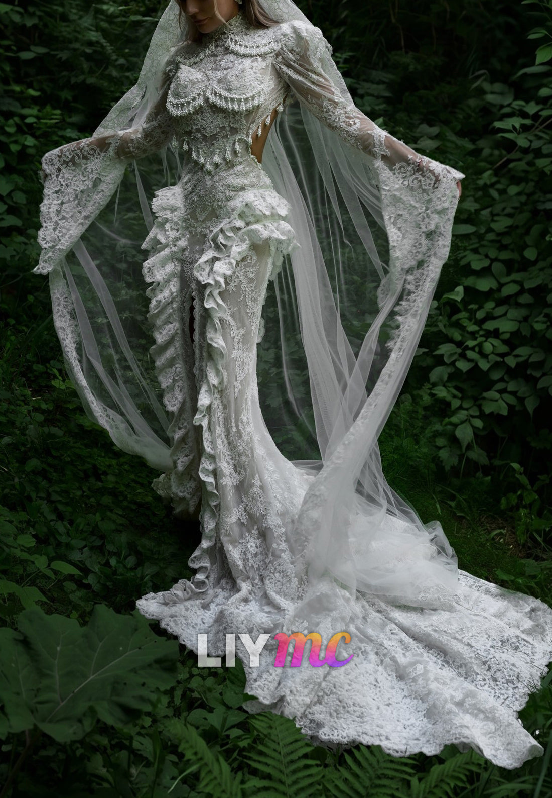 Lace High Neck Bell Sleeve Wedding Dress