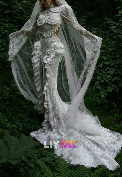 Lace High Neck Bell Sleeve Wedding Dress