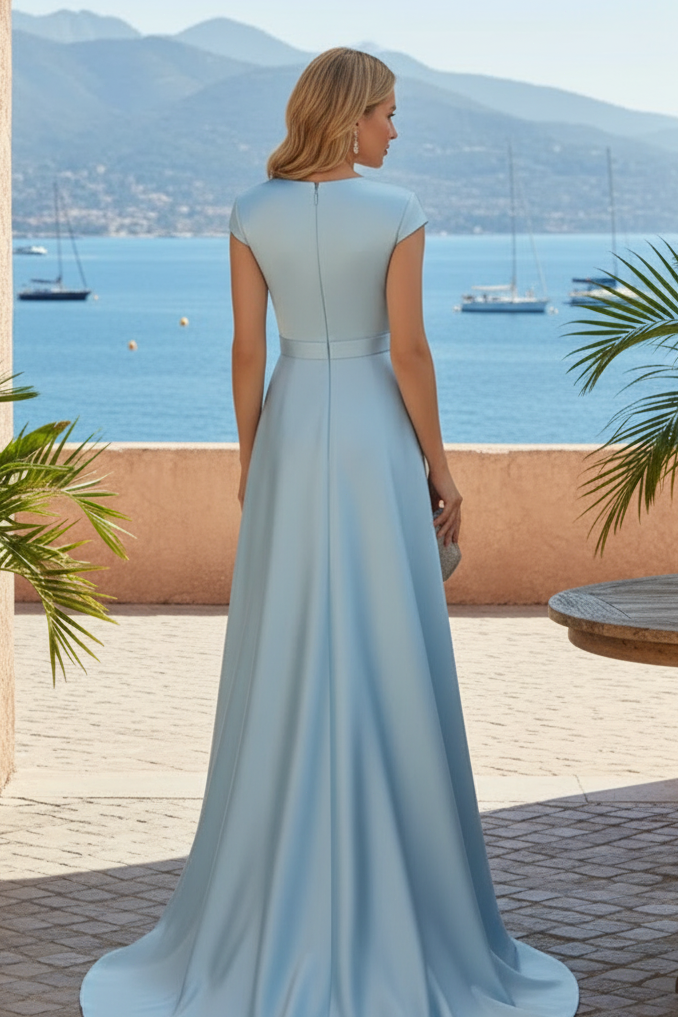 Cap Sleeve Evening Gown with Floral Skirt and Overskirt