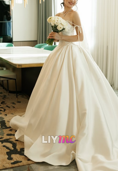 Satin Ball Gown Wedding Dress with Tie Straps