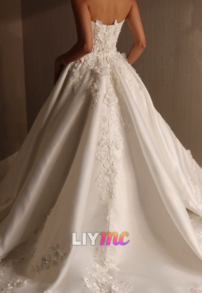 Strapless Ball Gown Wedding Dress with 3D Floral Appliques