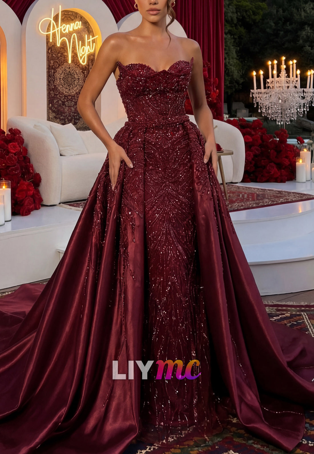 Strapless Sweetheart Beaded Evening Gown with Overskirt