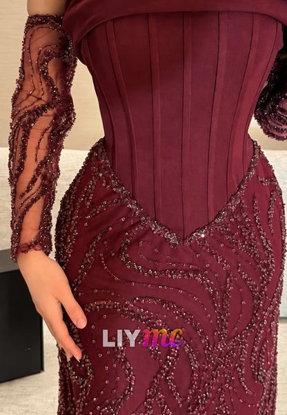 Corset Bodice Embellished Evening Gown with Sleeves
