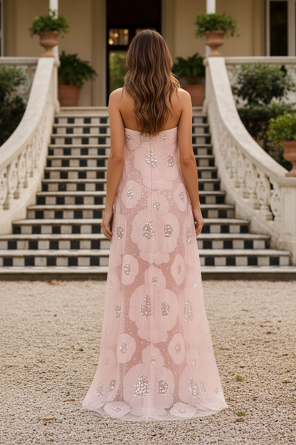 Strapless Sequin Floral Column Gown