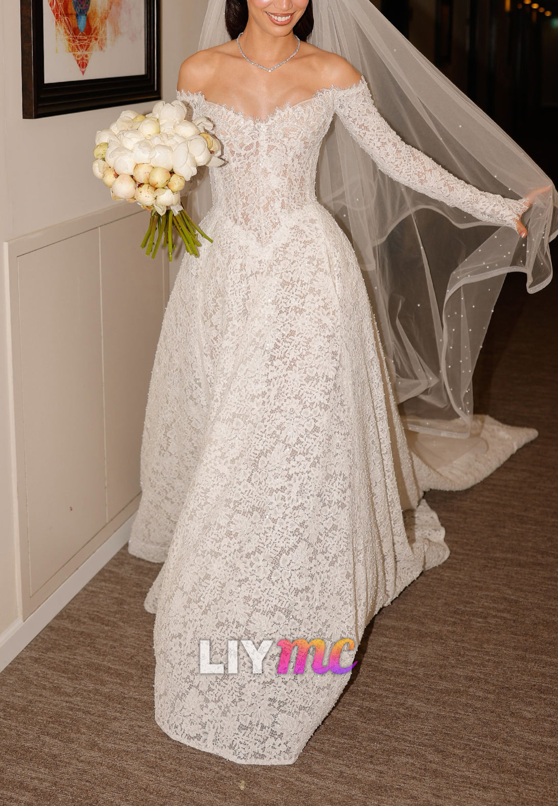Off-the-Shoulder Lace Long Sleeve A-Line Wedding Dress