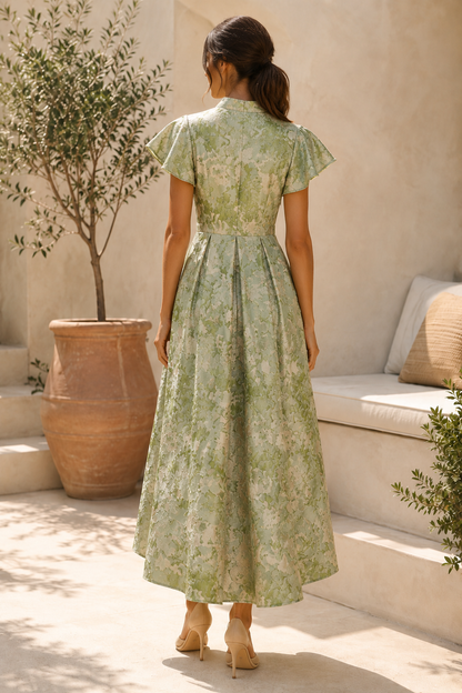 Jacquard Flutter Sleeve High-Low Dress