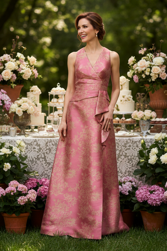 V-Neck Jacquard Evening Gown with Cascading Ruffle