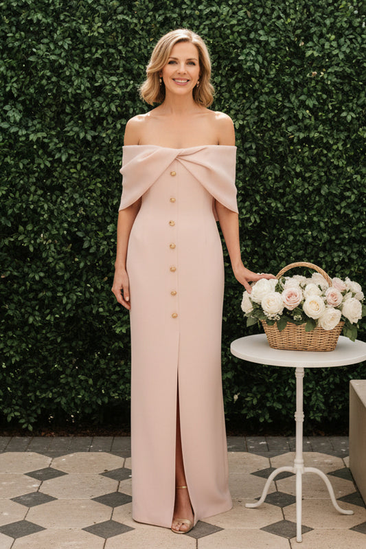 Off-the-Shoulder Column Gown with Front Buttons