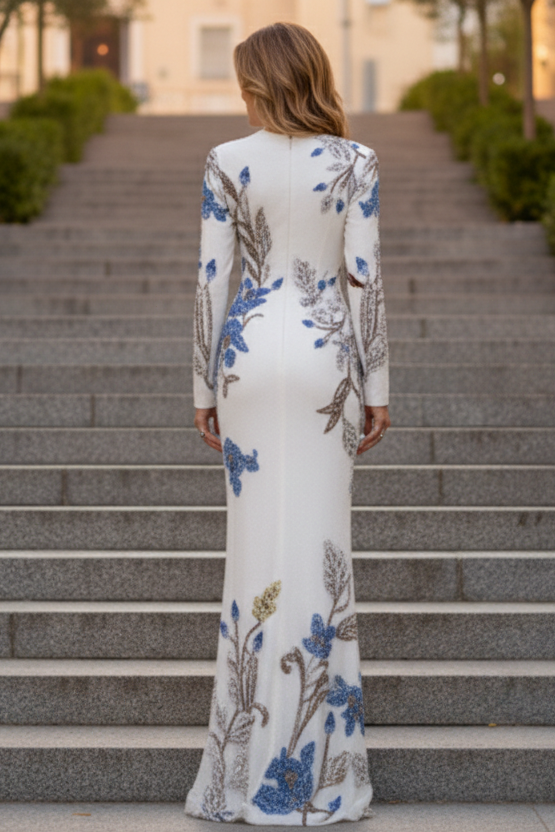 Embroidered Floral Sheath Gown with Cutout