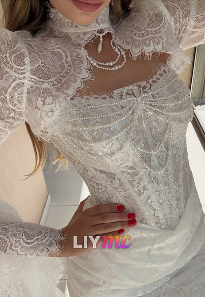 Lace Mini Dress with Bell Sleeves and Pearl Trim