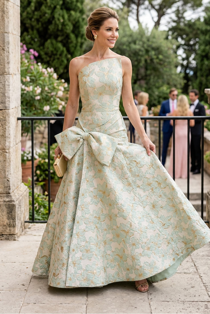 Asymmetrical Floral Jacquard Gown with Bow