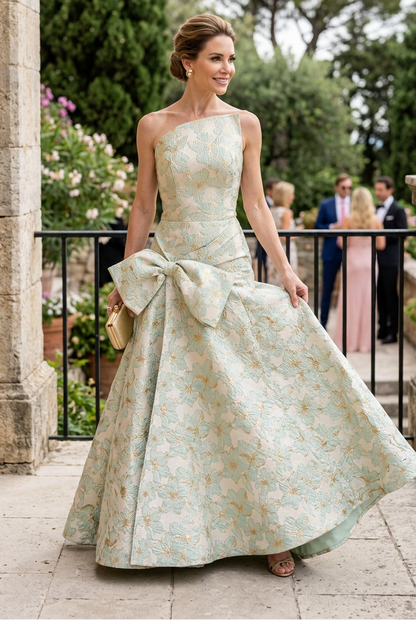Asymmetrical Floral Jacquard Gown with Bow
